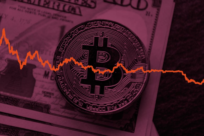 Bitcoin logo and chart showing value decrease